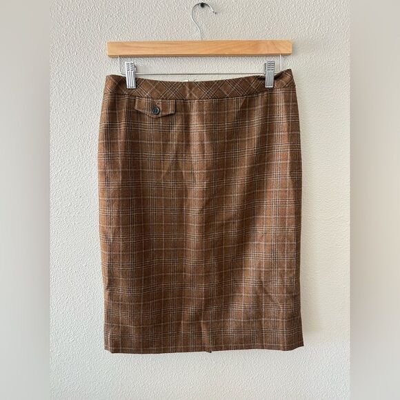 J Crew No. 2 Pencil Skirt 100% Wool Brown Plaid Size 4 - Picture 1 of 5